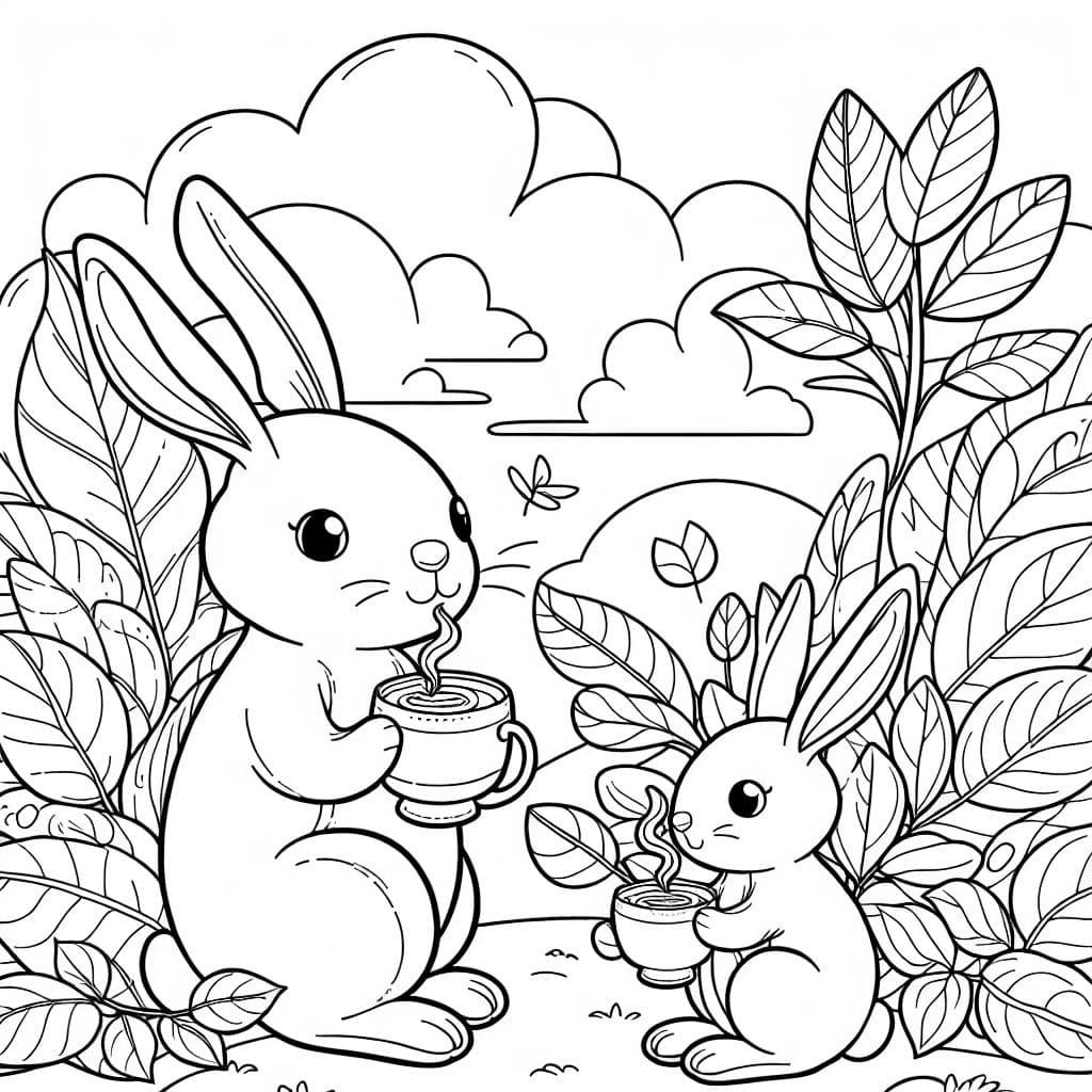 einen großen und einen kleinen hasen inmitten von bunten blättern, die kaffee trinken