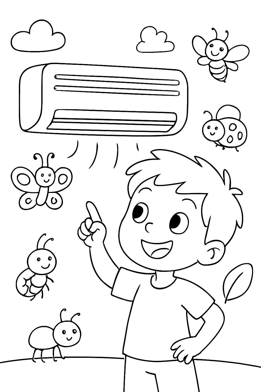 aire acondicionado con niño pequeño y insectos lindos