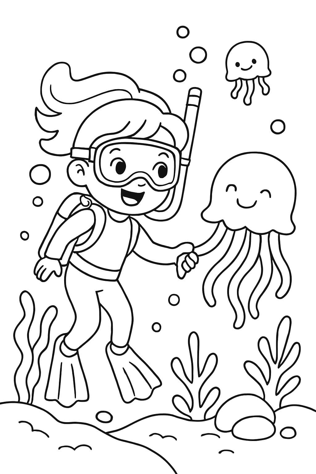 Girl scuba diving in ocean with jelly fish, holding hand of a smiling jelly fish.