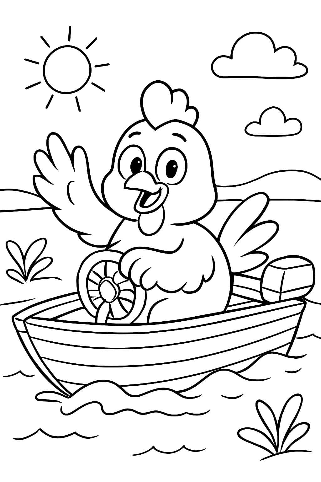 un gallo feliz en un barco de motor de madera