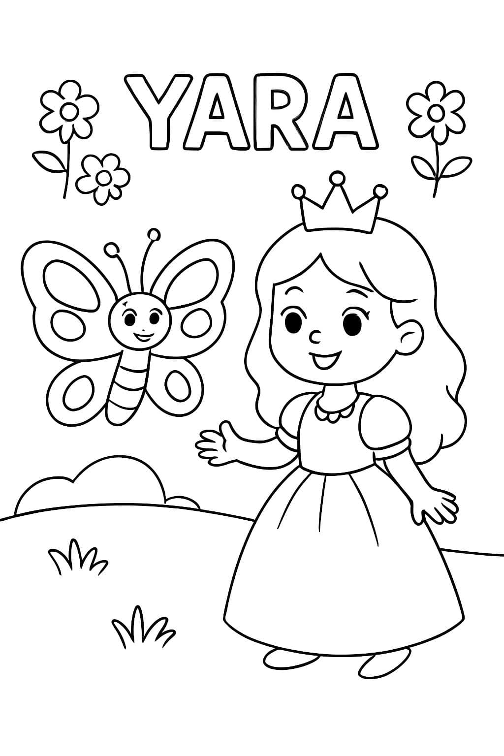 papillon avec princesse où YARA est écrit en haut avec des fleurs