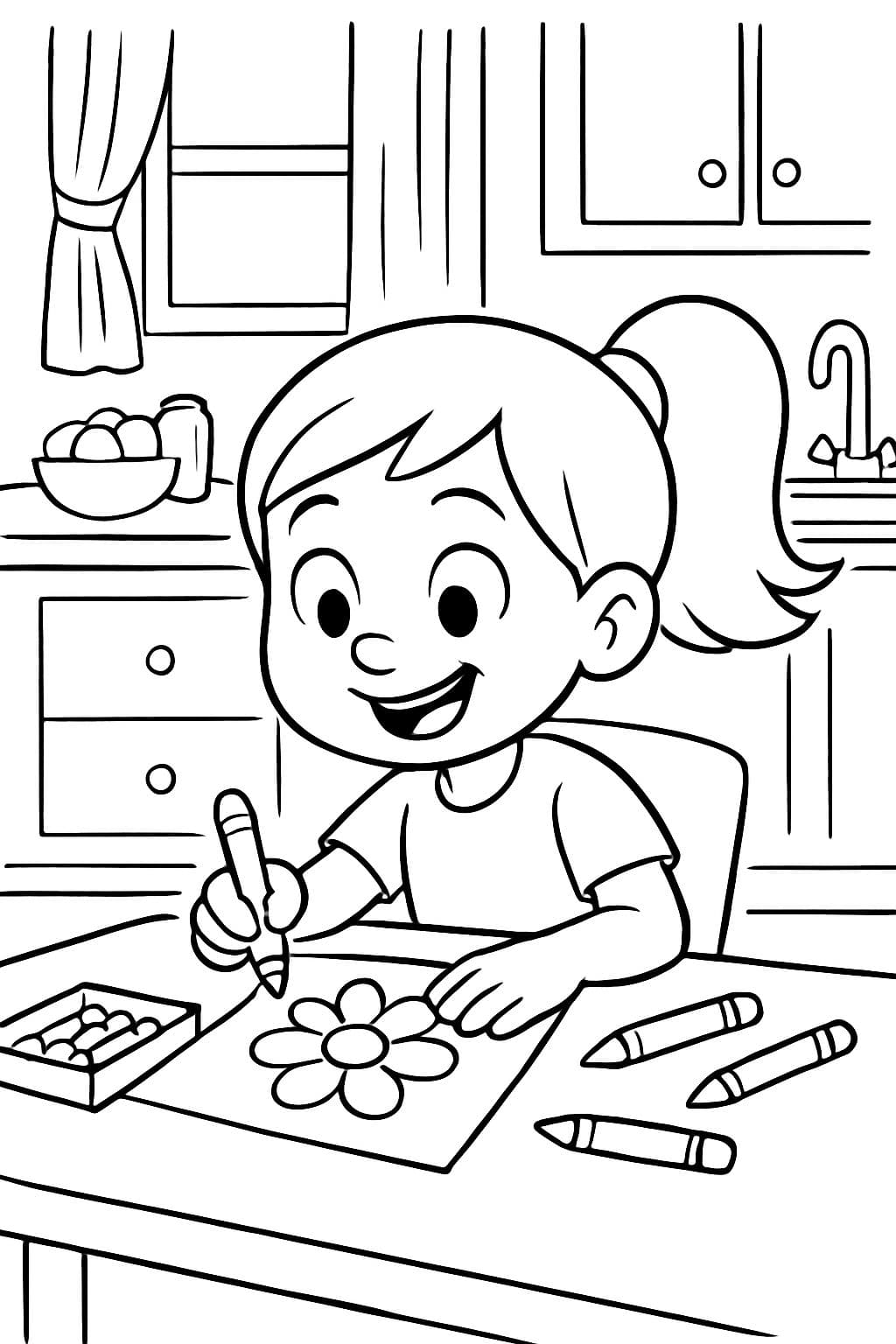 Niña de 6 años con una cola de caballo creando arte y coloreando en una mesa de cocina.