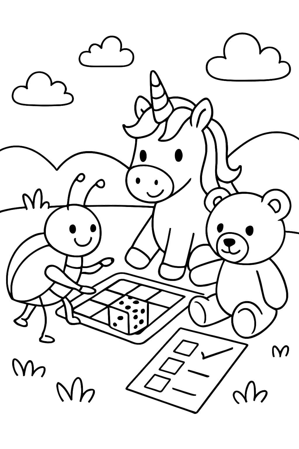 Un escarabajo, un unicornio y un oso de peluche juegan a un juego de dados con un bloque para marcar.