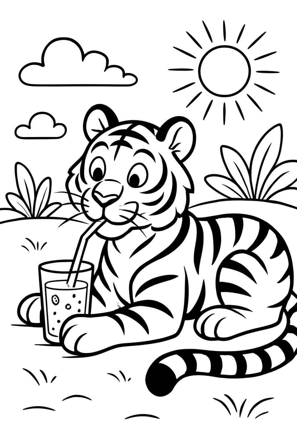 Un tigre acostado bebiendo limonada con una pajita