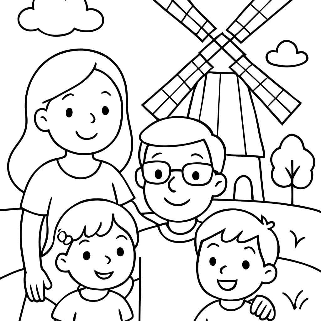 Une famille se tient devant un moulin à vent néerlandais avec une maman aux longs cheveux, un papa, une petite fille et un petit garçon.
