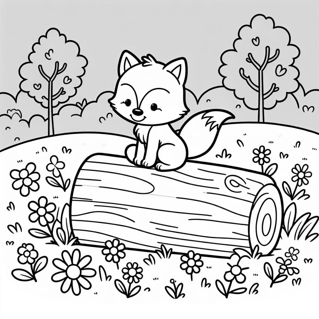 einen Fuchs, der auf einem Baumstamm inmitten einer Blumenwiese sitzt.