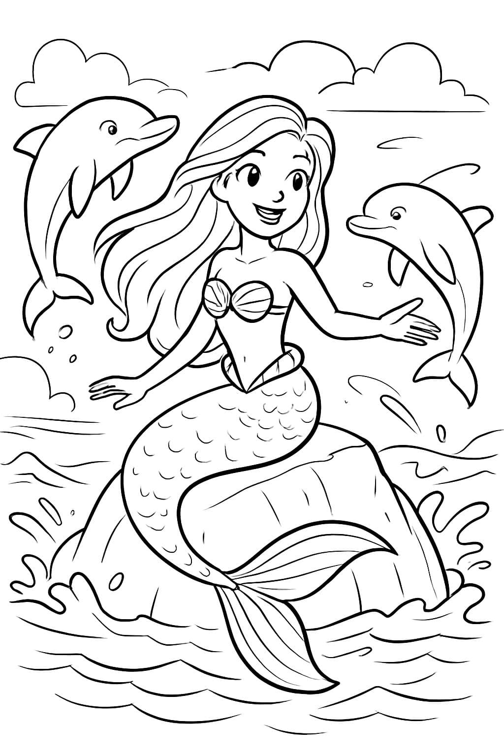 Meerjungfrauen auf einem Felsen mit springenden Delfinen