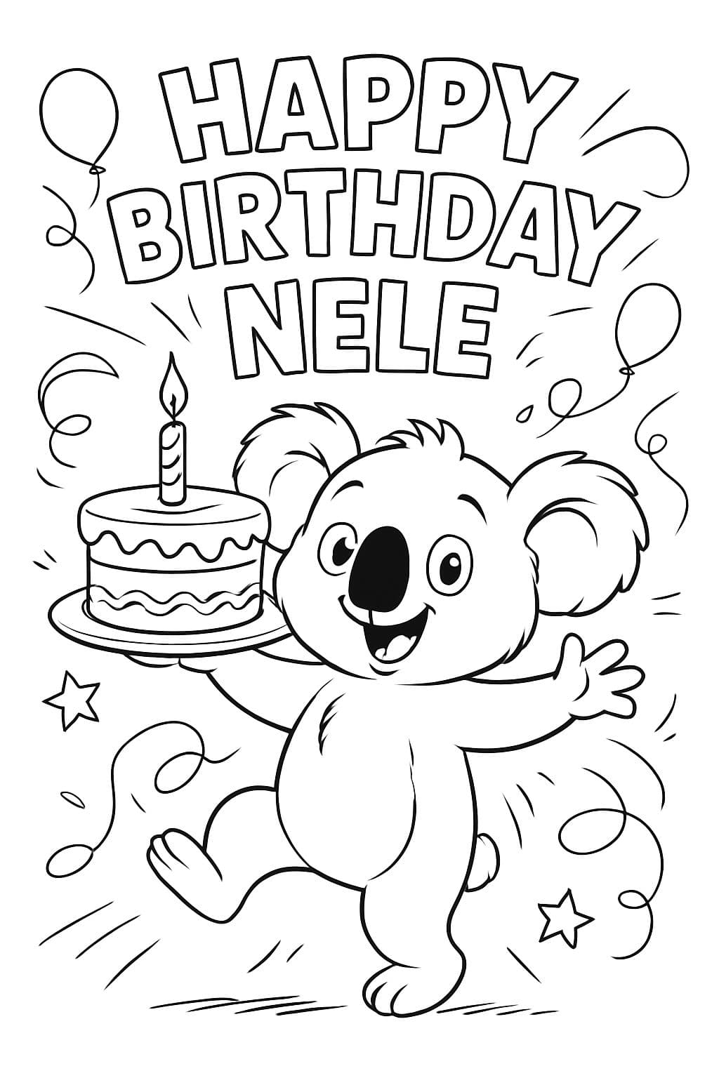 un koala avec un gâteau et le texte Joyeux Anniversaire Nele