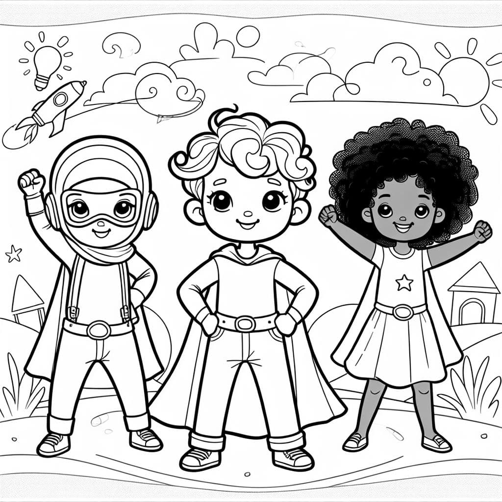Three children's superheroes, one boy and two girls. One girl should have curly hair.