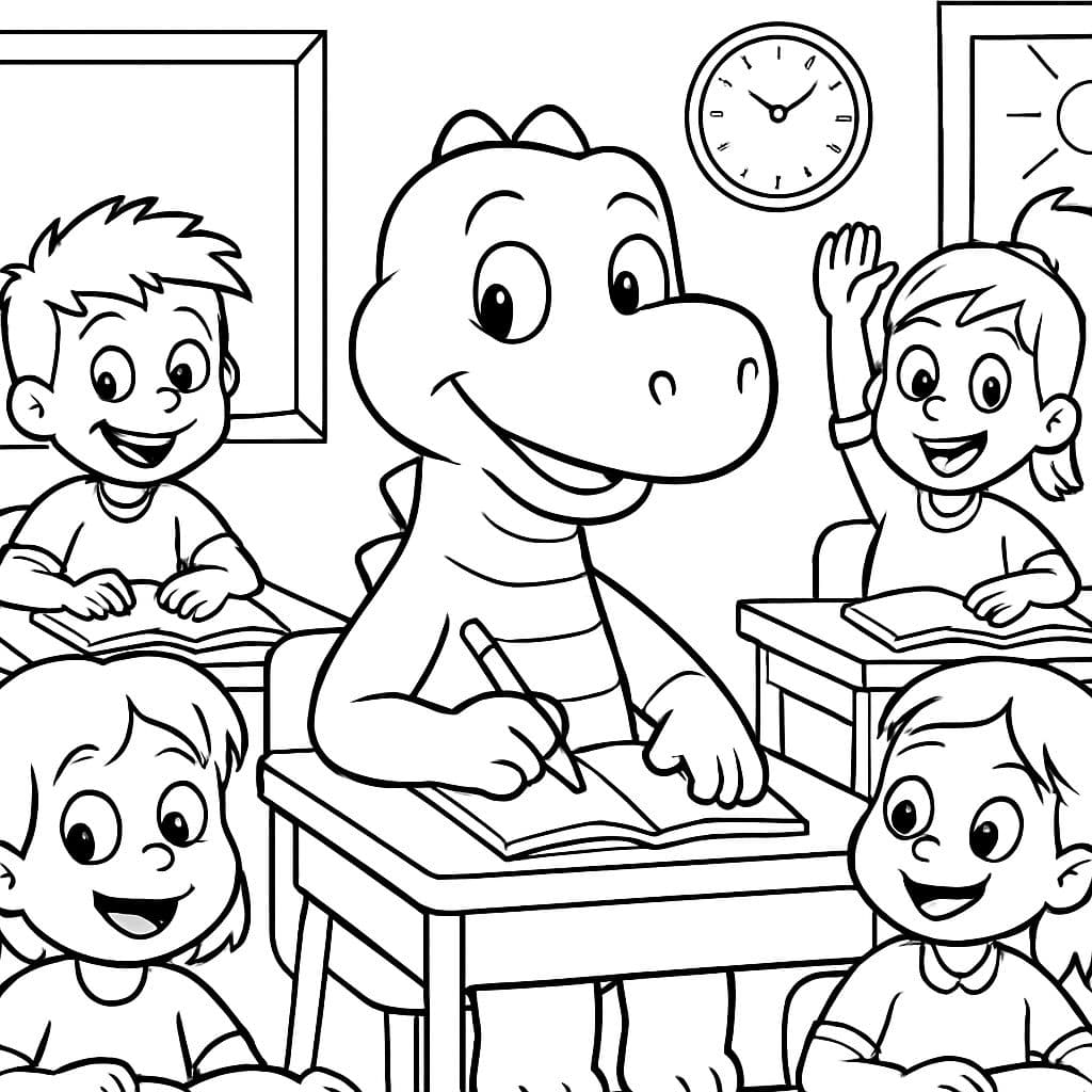 ein Dinosaurier im Klassenzimmer mit anderen Schülern