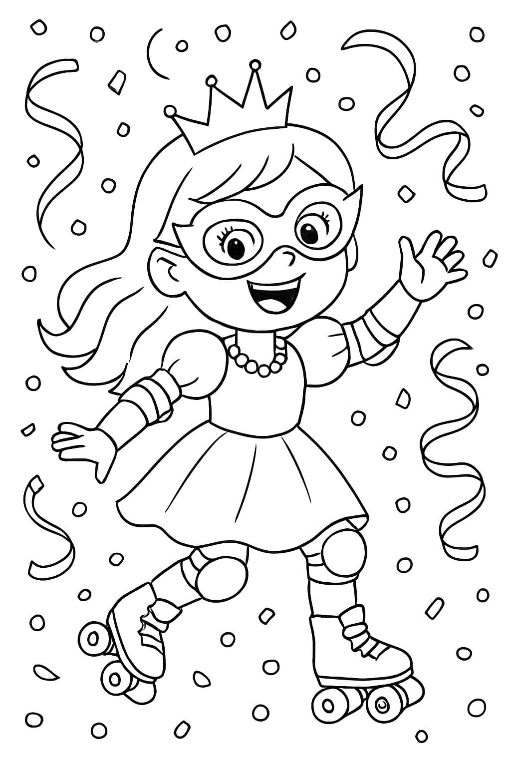 For the theme of Carnival: a princess on roller skates with knee and elbow pads, a funny Carnival glasses, a necklace, and a crown, with confetti and streamers in the background