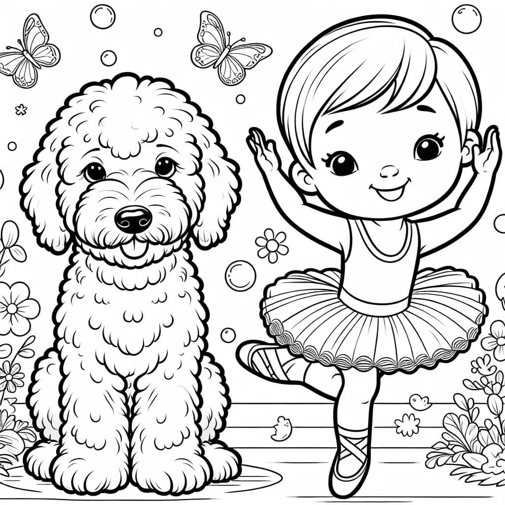 goldendoodle puppy and toddler asian american ballerina with short hair