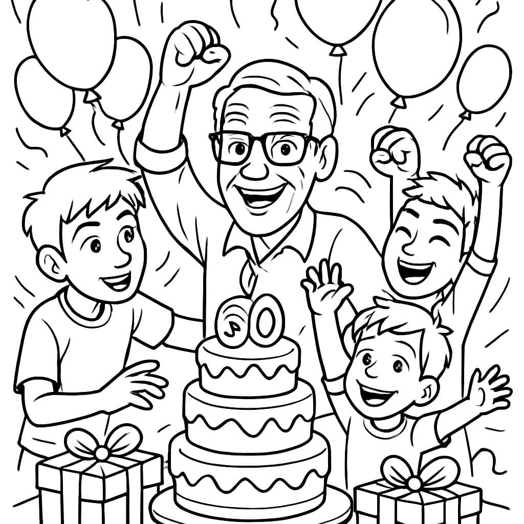 60 cumpleaños de un abuelo que se ve joven (con gafas) con sus 3 nietos (de 13, 10 y 6 años). En la imagen hay un pastel de tres pisos, muchos globos y regalos.
