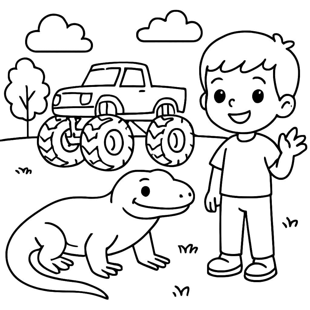 un dragón de Komodo, un camión monstruo y un niño pequeño