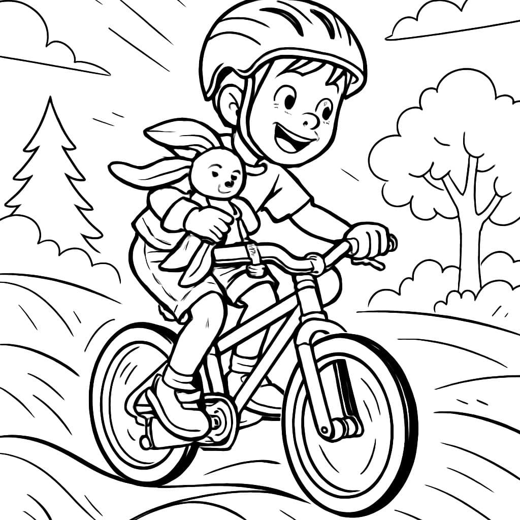 Un garçon de 6 ans avec un doudou lapin sur un vélo sur une piste de pump