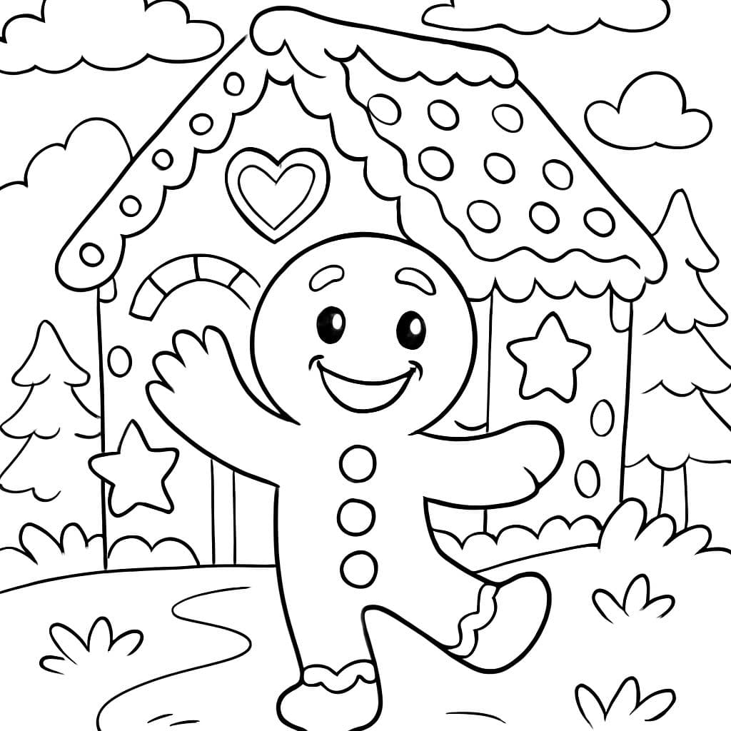 Bonhomme en pain d'épice devant une maison en pain d'épice