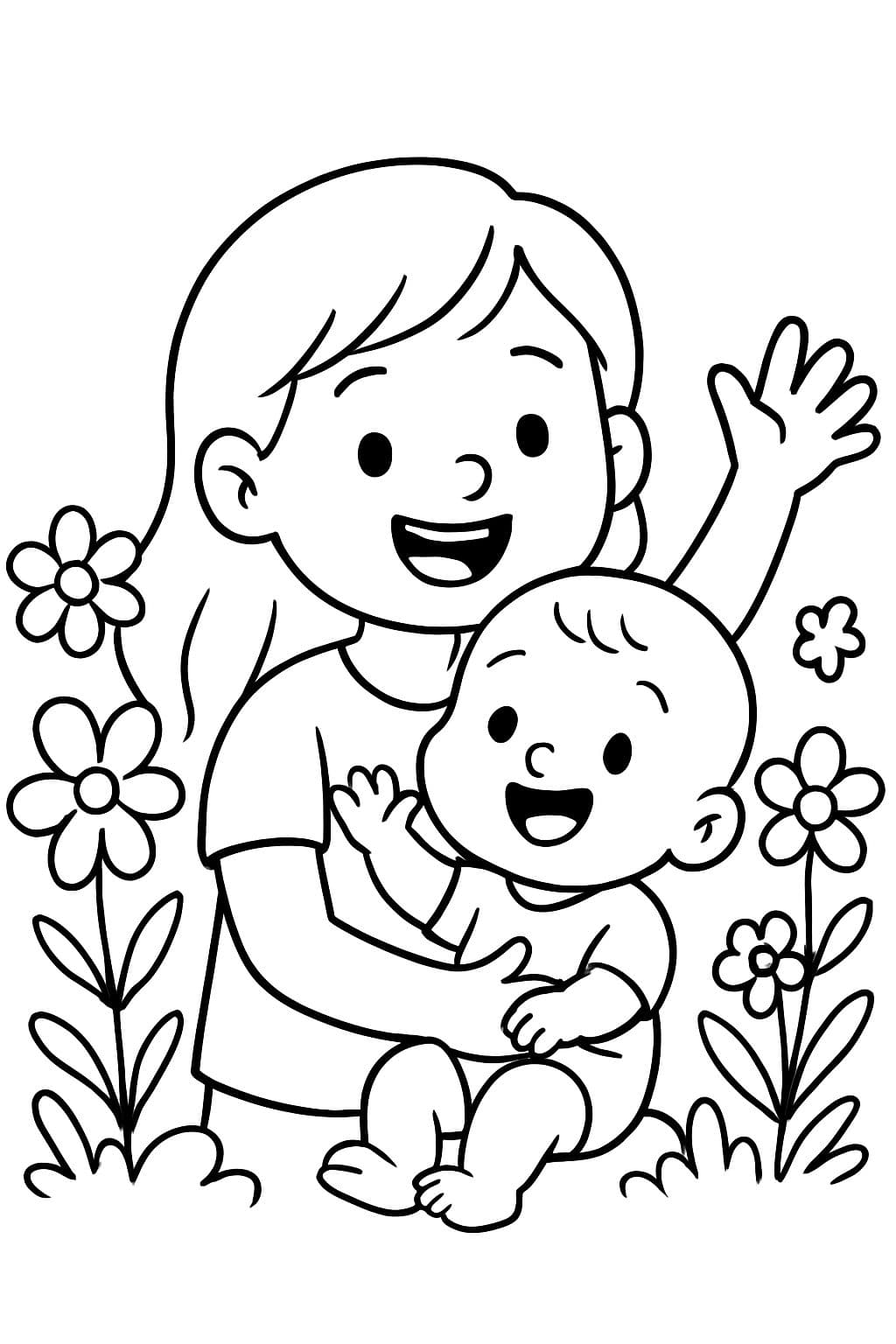 Moi grande soeur avec mon petit frête bébé entouré de fleurs.