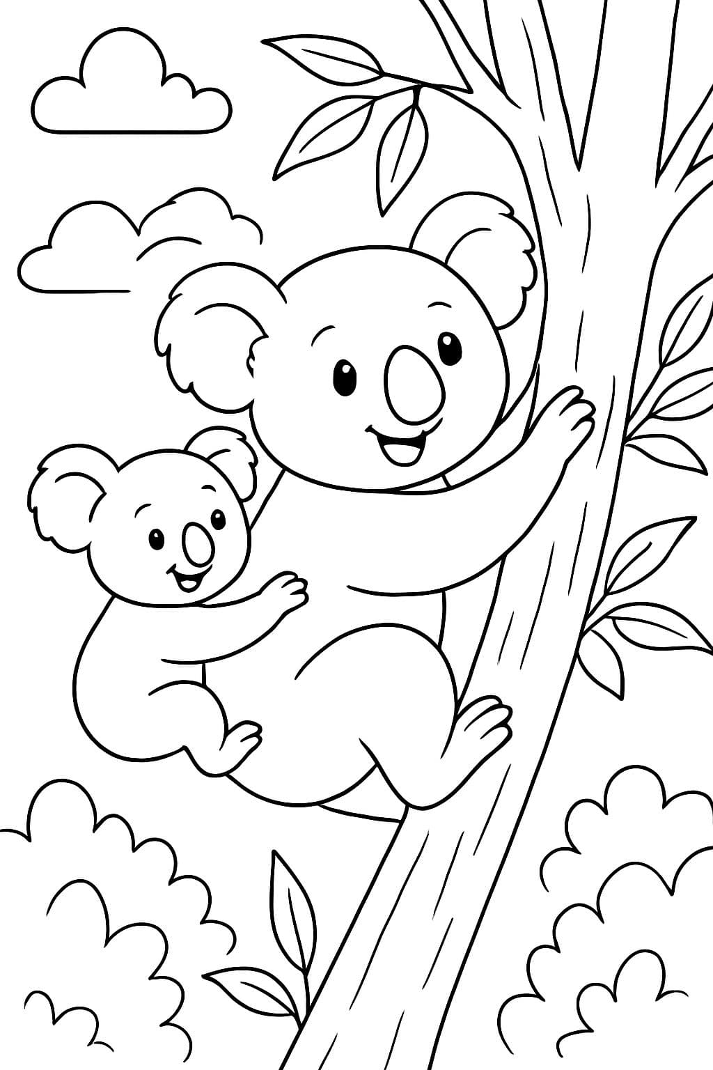 Un bebé koala practicando escalar con su mamá