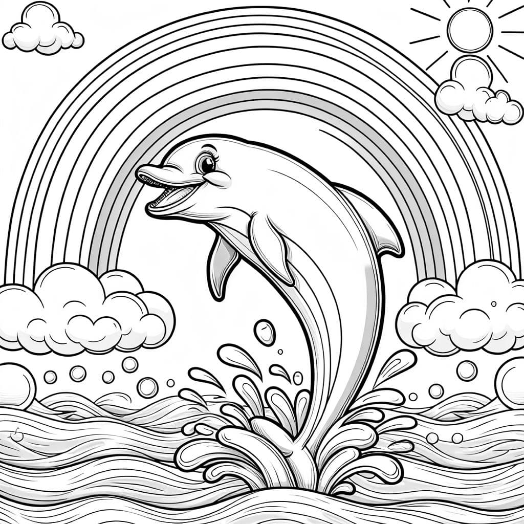 a dolphin that is jumping out of the water with a rainbow in the background