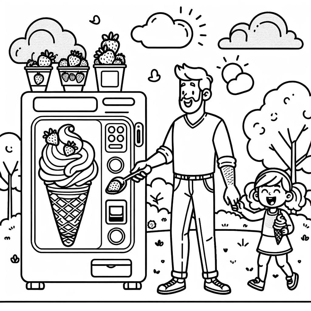 Dad with little daughter get vegan strawberry soft ice cream from a machine