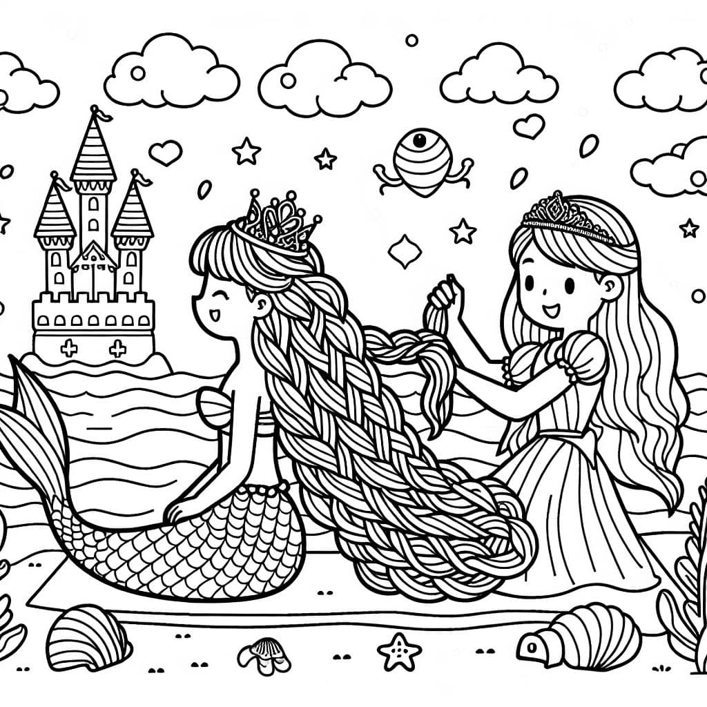 eine prinzessin mit langen haaren flechtet einer meerjungfrau mit sehr langen haaren einen zopf