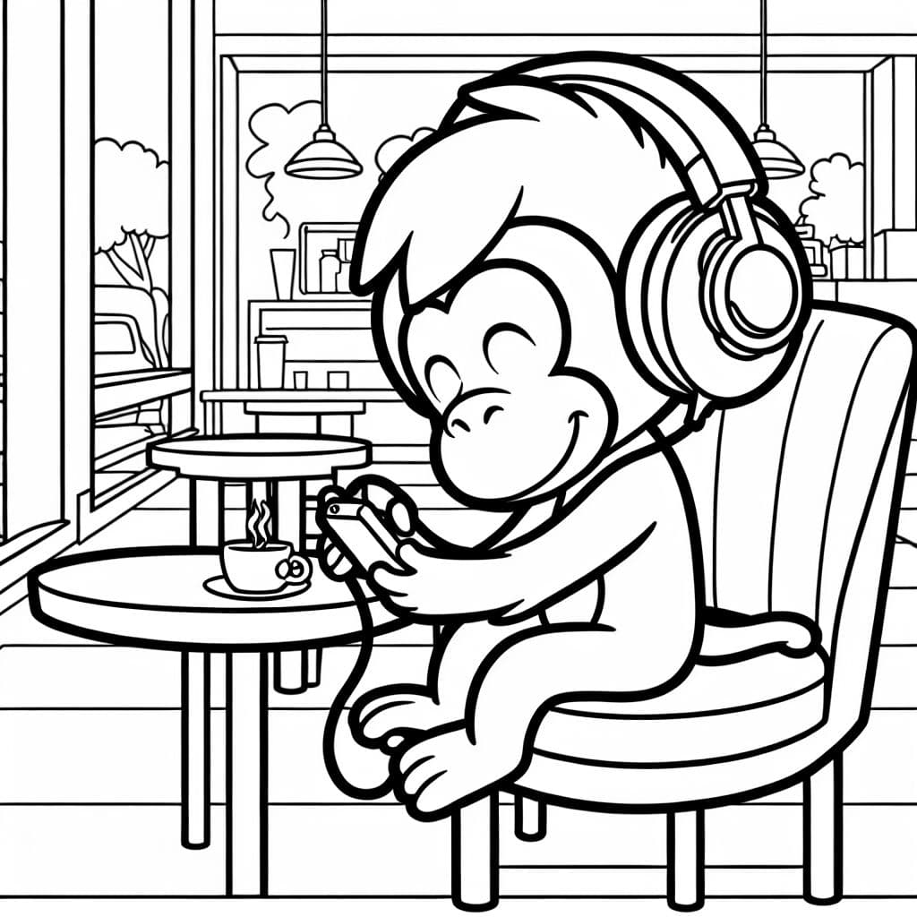 A monkey with headphones on listening to music while sitting in a coffee shop
