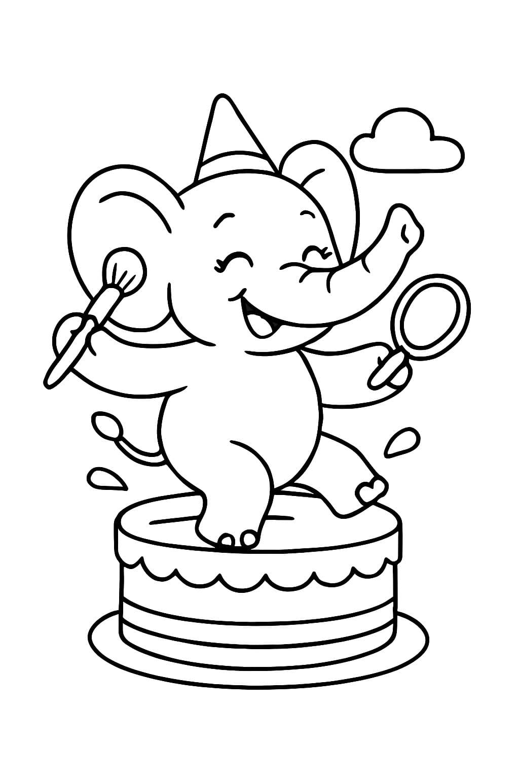 un elefante bailando que salta de un pastel mientras se maquilla