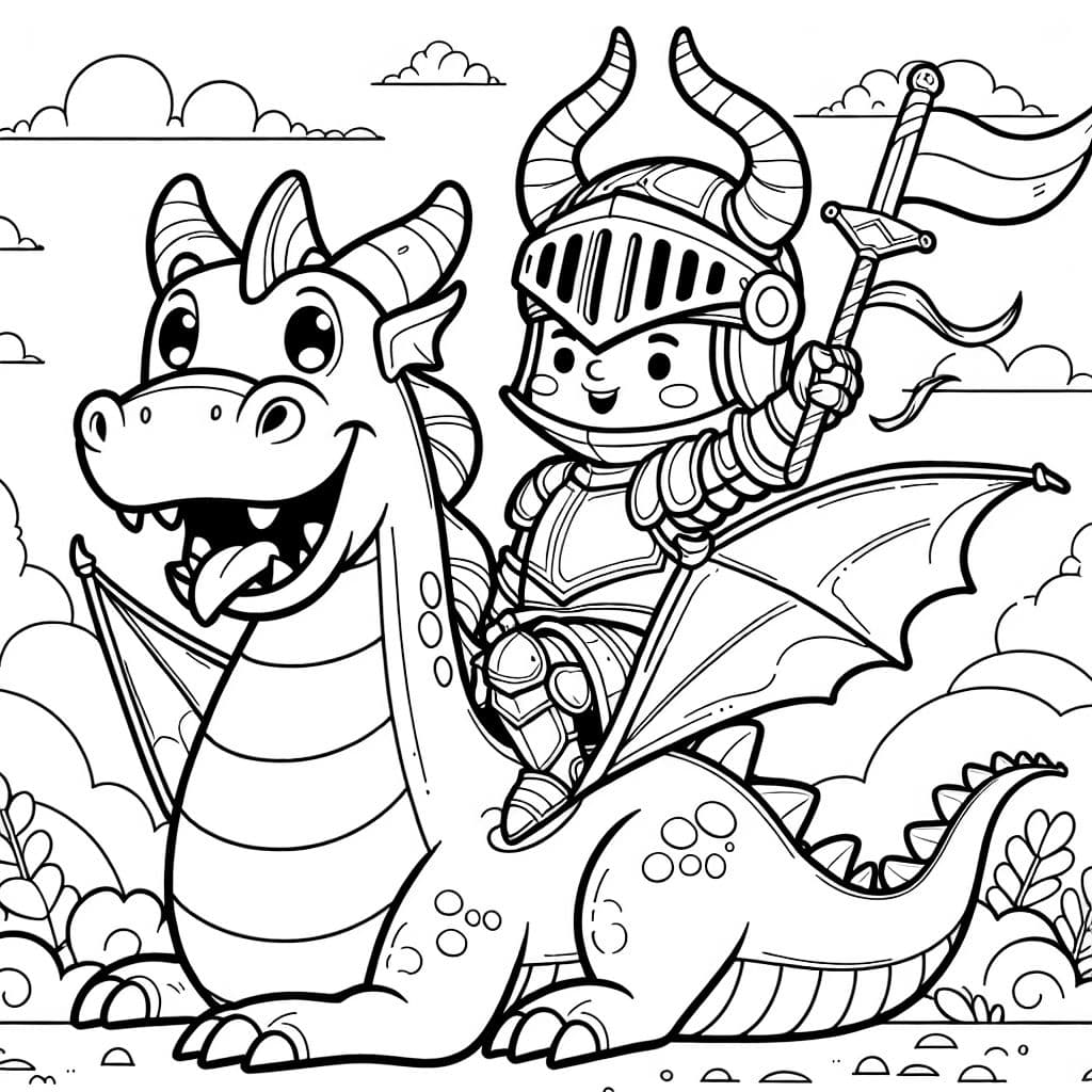 einen Drachen mit großen Hörner und einen bösen Blick, auf dem ein Ritter mit einer Rüstung reitet