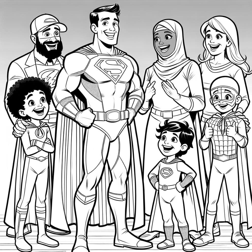 Superhero dad, mom, brother, sister, and brother