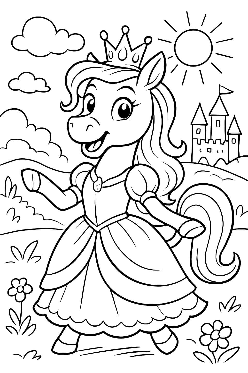 Un caballo en un vestido de princesa con una corona