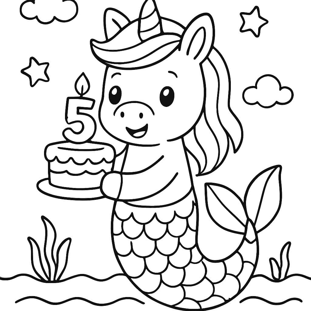 Una sirena unicornio sosteniendo un pastel de cumpleaños con el número 5.