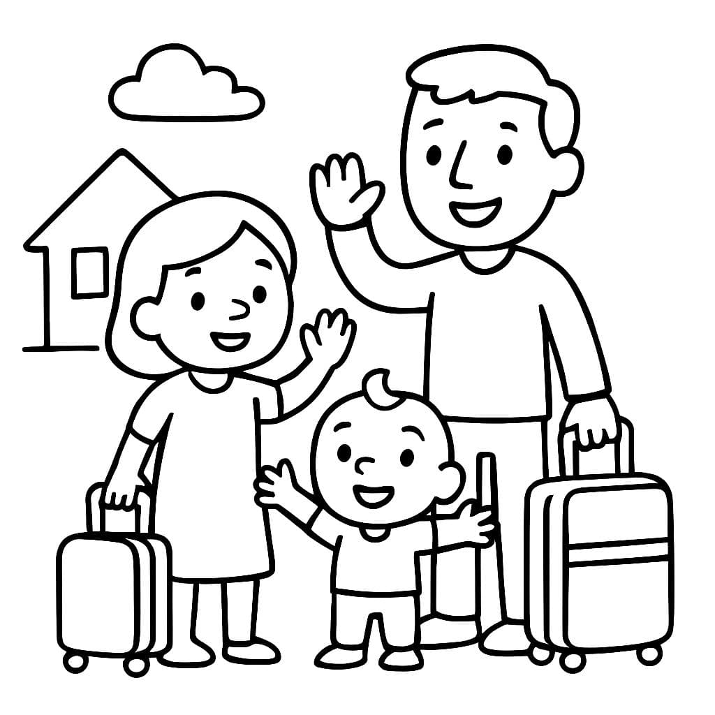 Una mamá baja y un papá alto saliendo de viaje con maletas.