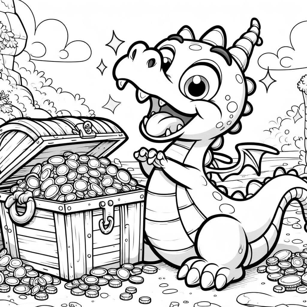 Ein böser Drache mit gefüllter schatztruhe. Ohne Hintergrund