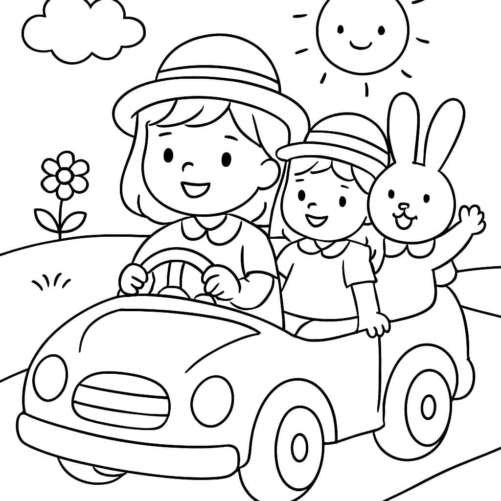 Um coelho e uma menina em um carro com chapéus e vestidos com calças por baixo, enquanto outra menina dirige o carro.