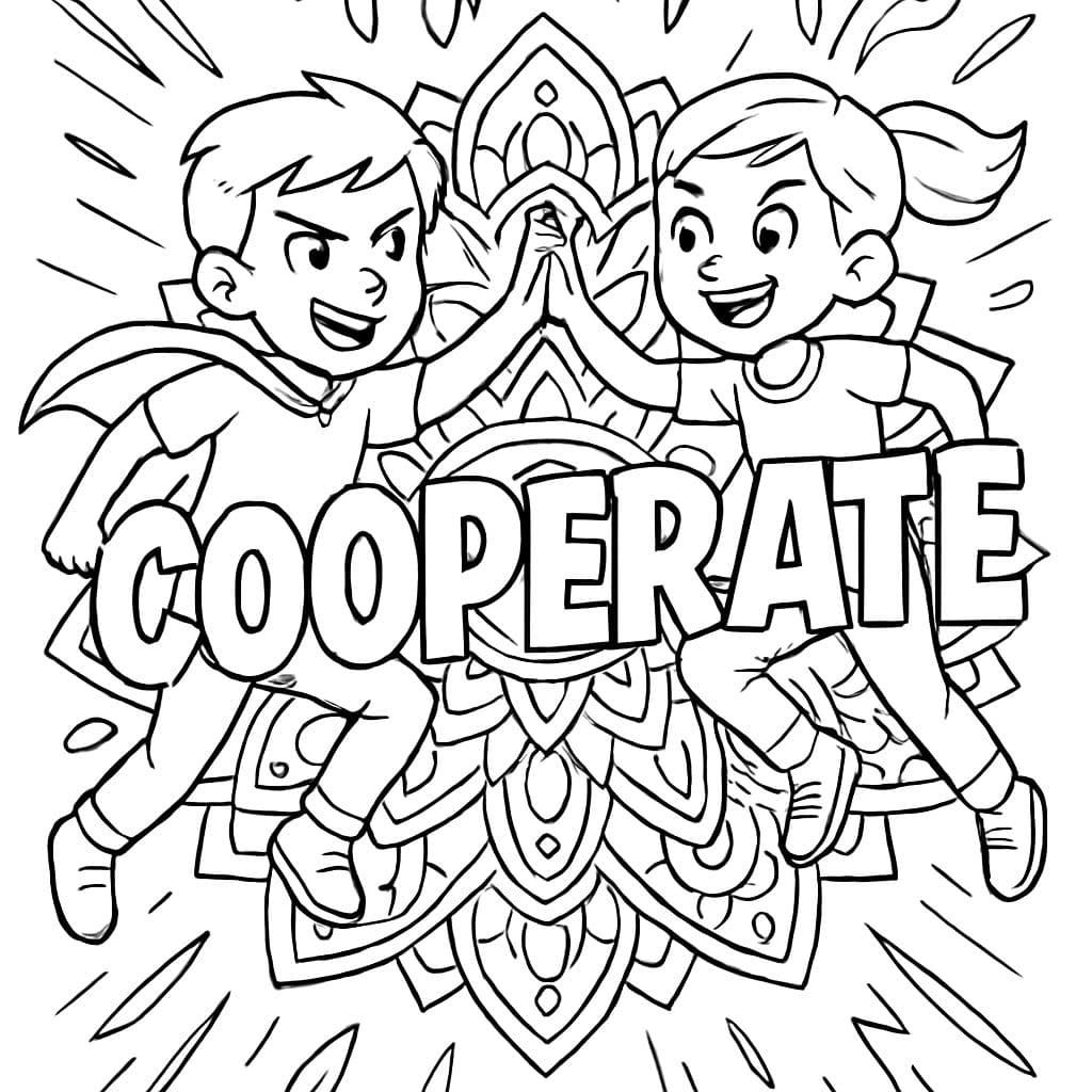 la palabra cooperar en una página para colorear un mandala