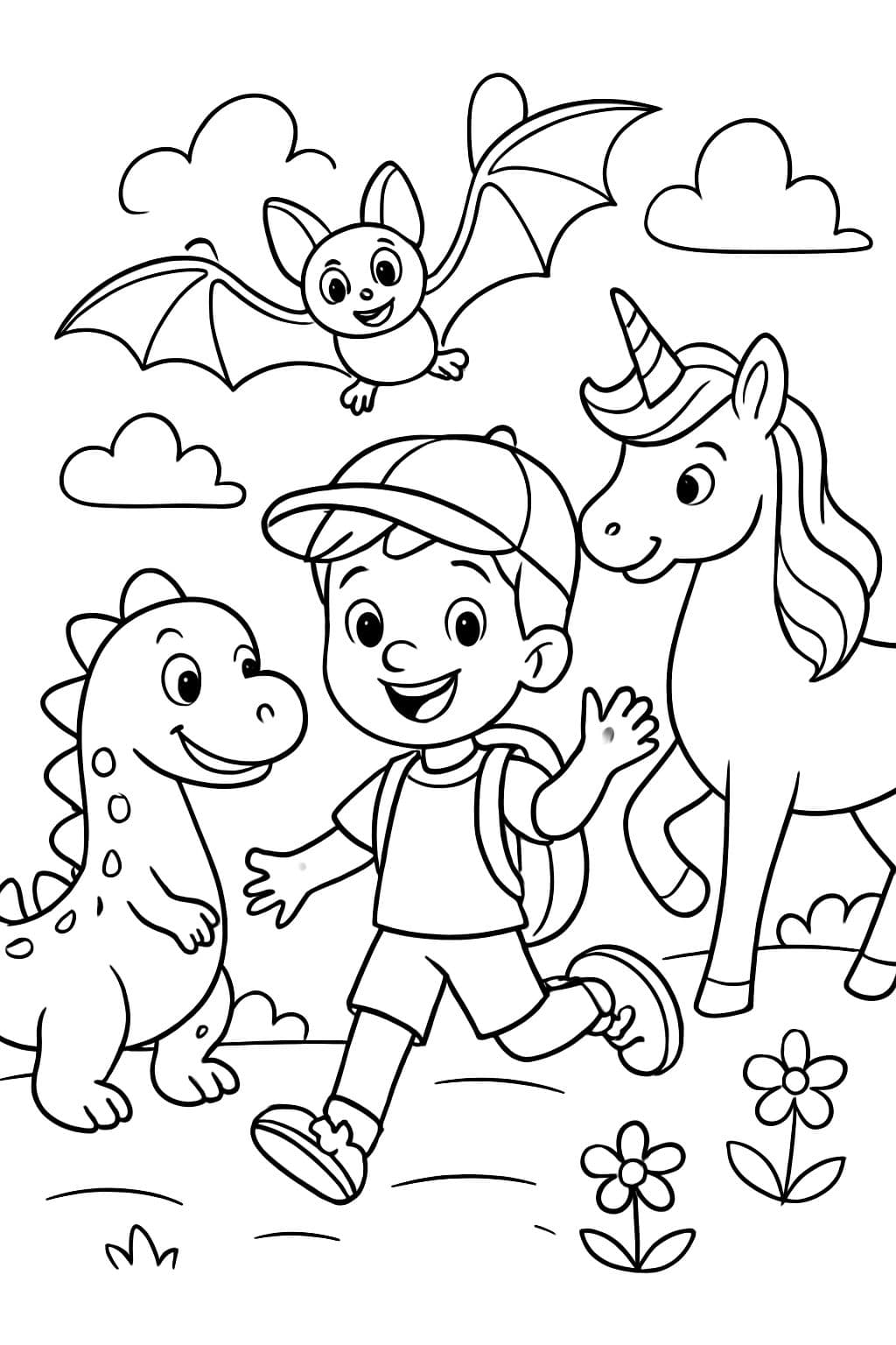 Enfant de l'école et dinosaure et licorne et chauve-souris
