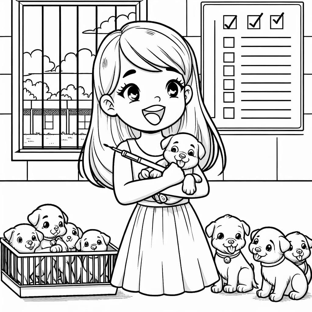 Uma menina em um abrigo de animais. Ela está olhando para filhotes que gostaria de adotar. Ela tem um filhote em seus braços.