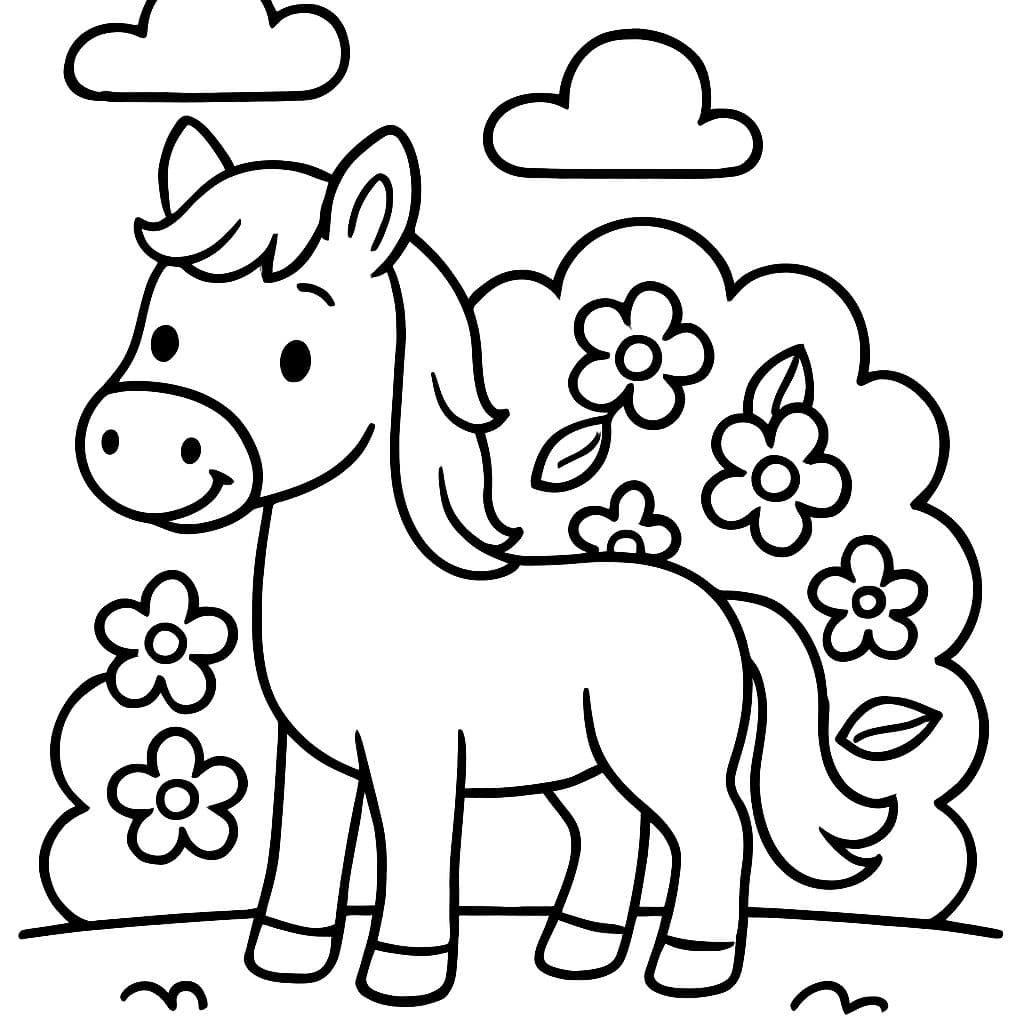 ein pferd vor einem strauch mit vielen blumen herum