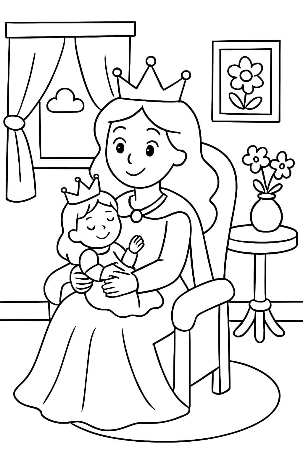 Una reina con una princesa bebé en una habitación