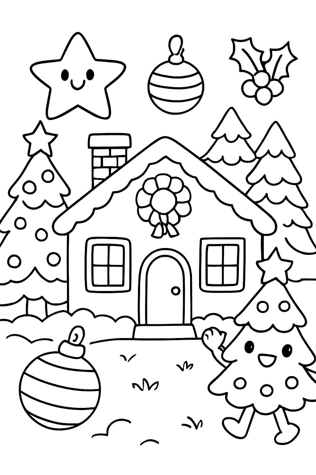 Une maison dans le jardin et quelques jolies décorations de Noël et quelques arbres.