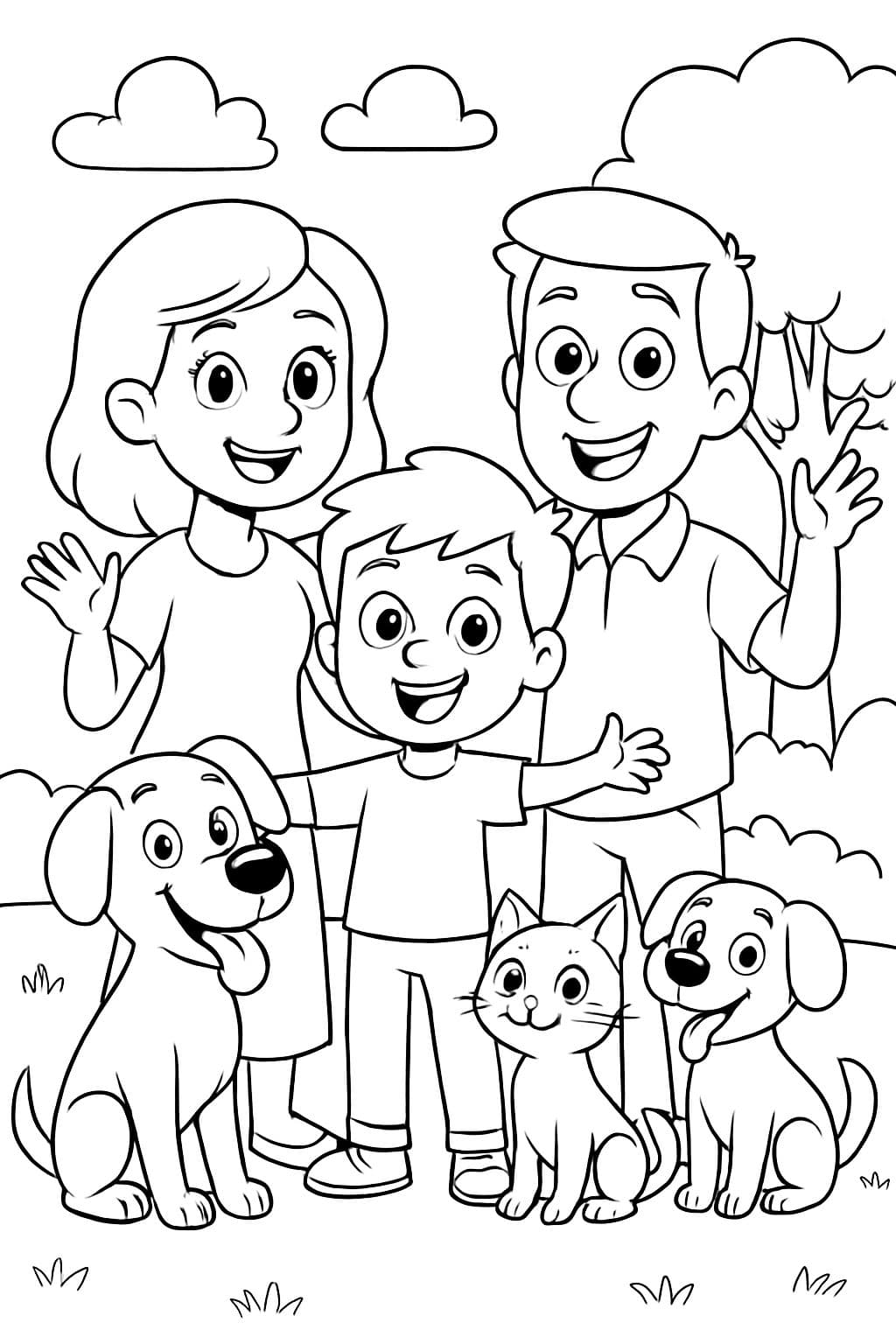 Ein Junge mit seiner Tante, Onkel, 2 Hunden und einer Katze