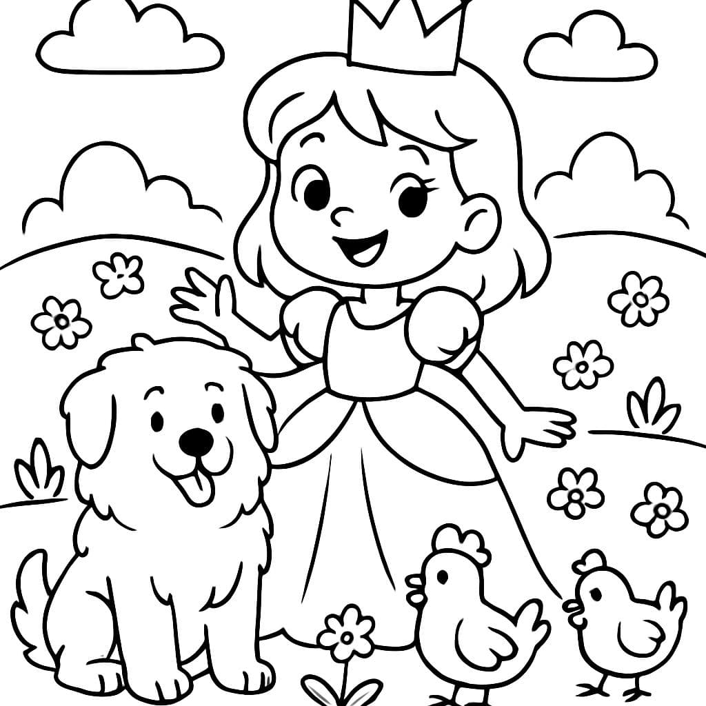 Princesse avec son grand Pyrénées, des poules et des fleurs