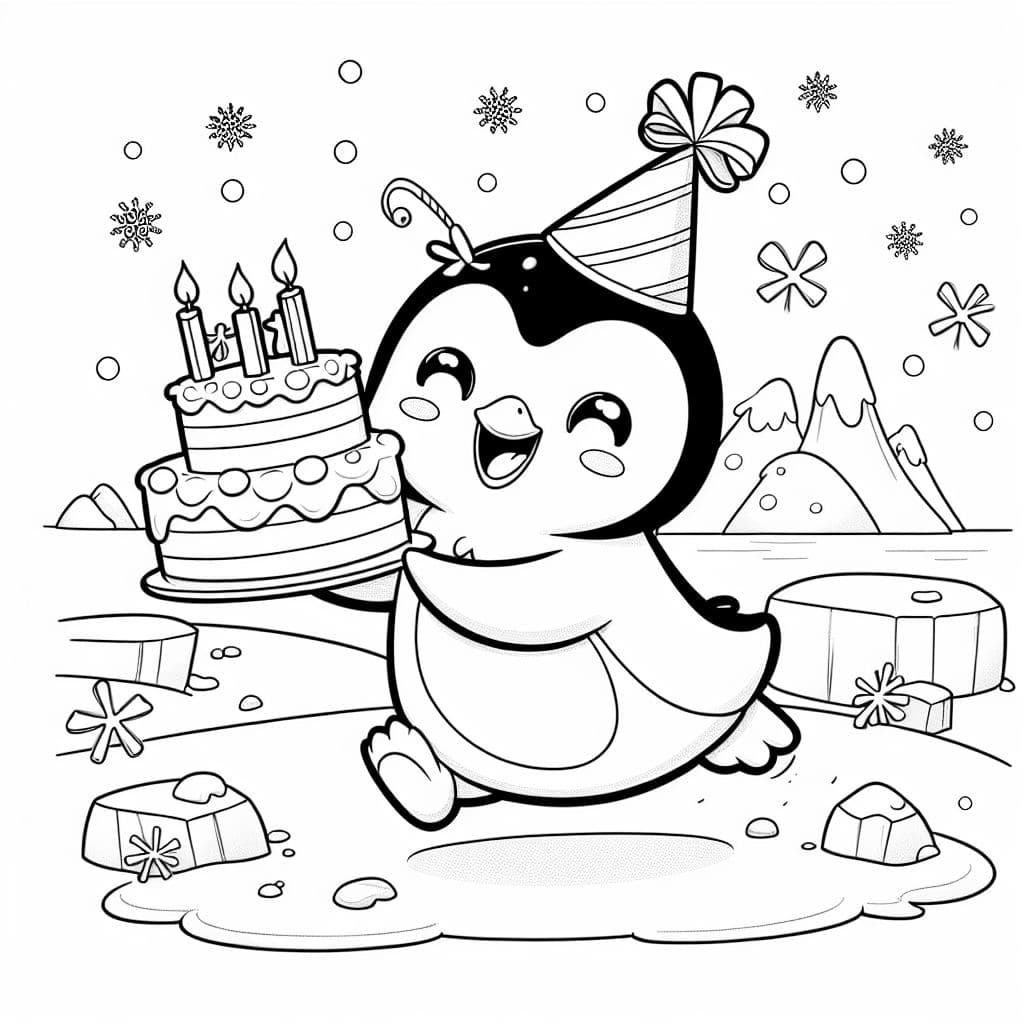 Un pingüino con un sombrero de fiesta y un pastel.