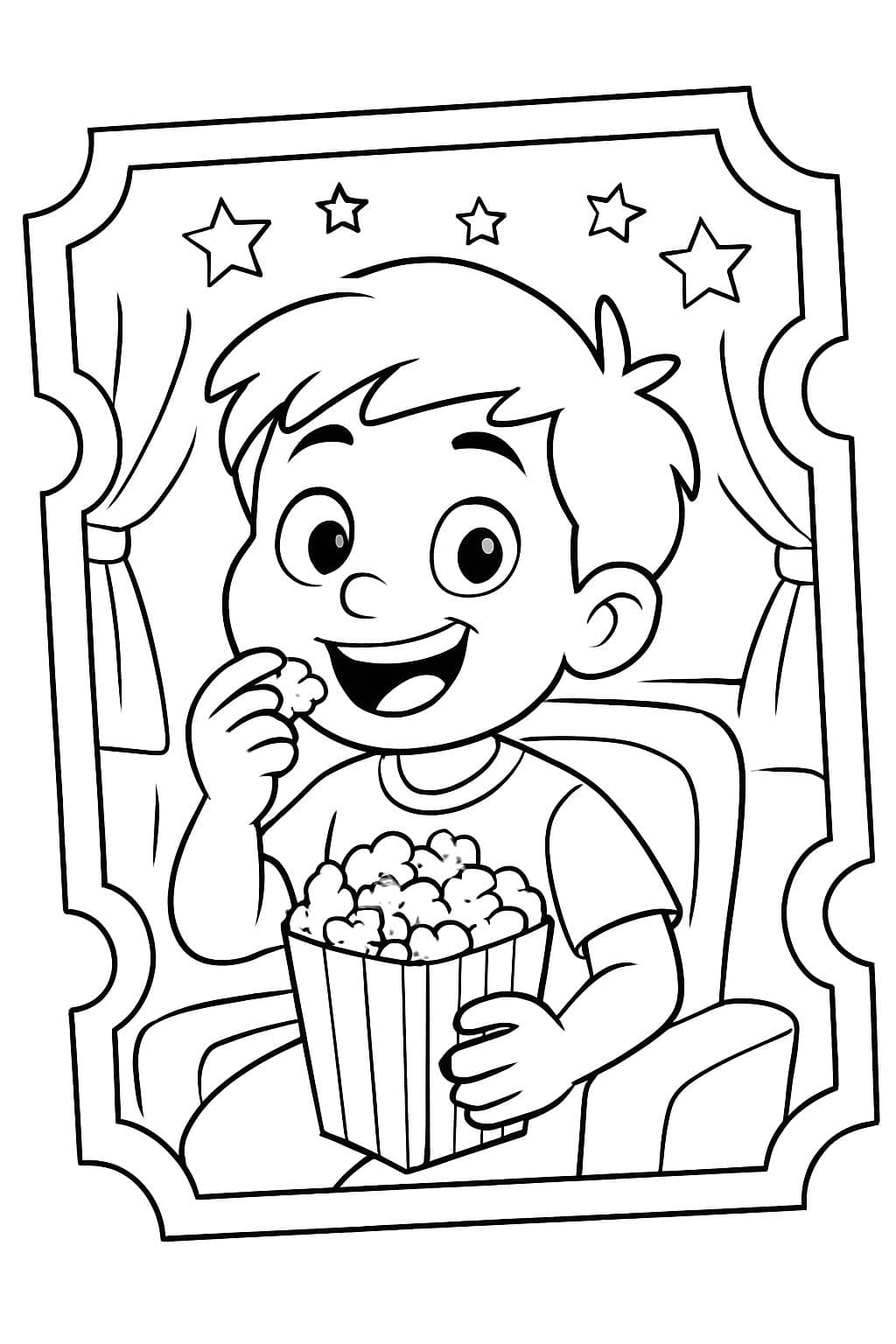 una entrada de cine con un niño comiendo palomitas.