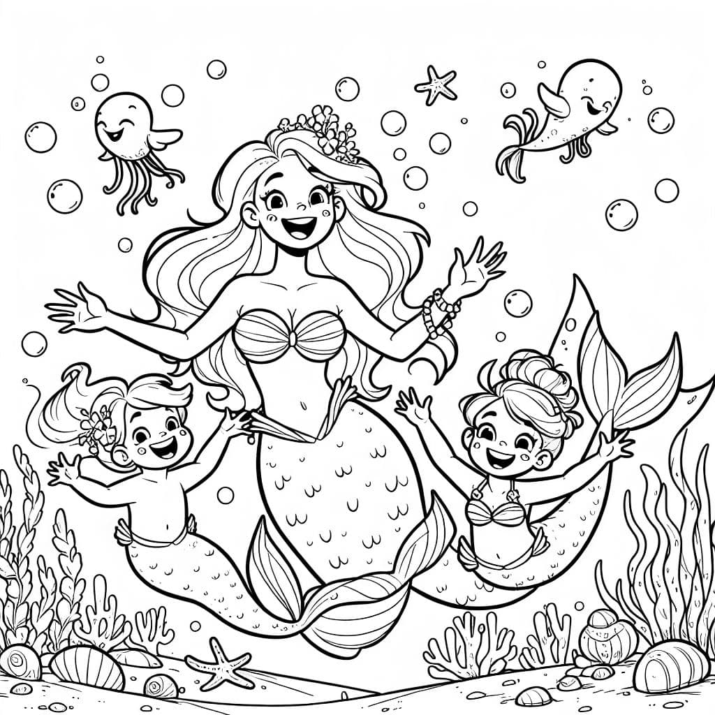 Una sirena con su familia divirtiéndose en el agua.