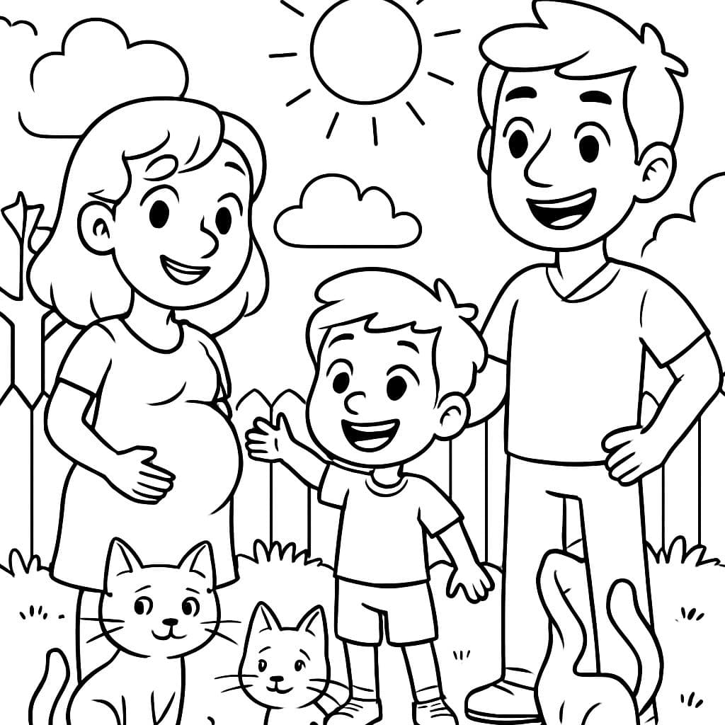 Una familia papá mamá embarazada niño 2 gatos