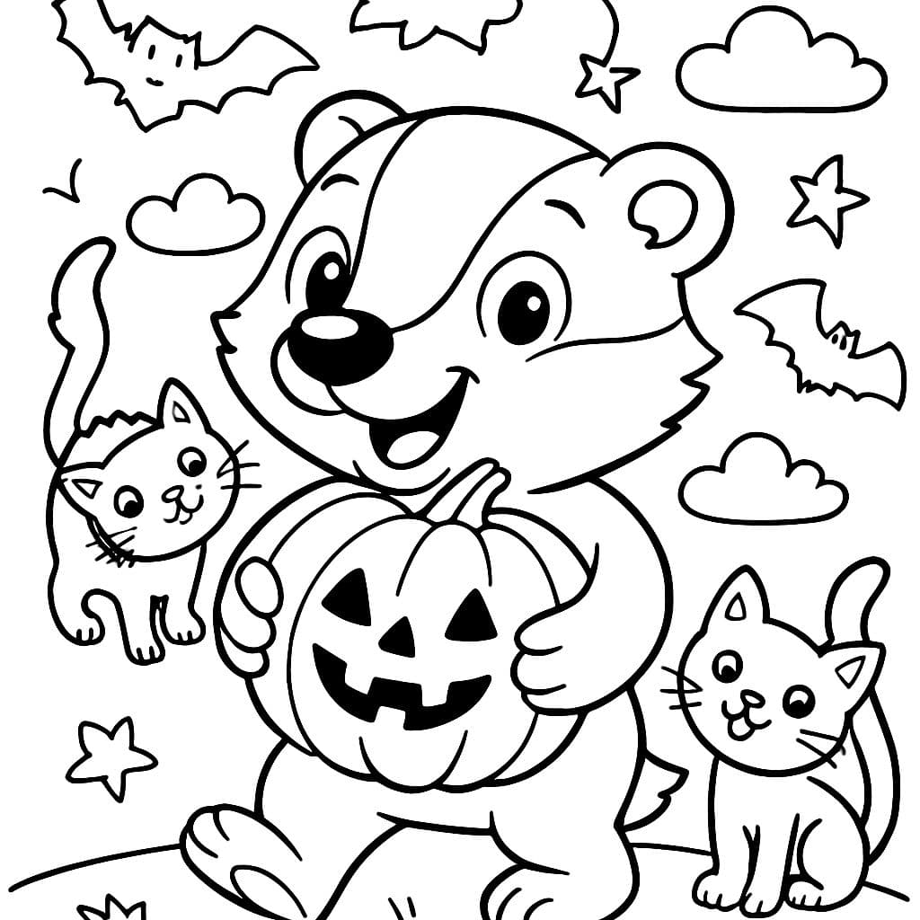 un blaireau mignon tenant une citrouille avec des thèmes d'Halloween comme des chauves-souris et des chats noirs.