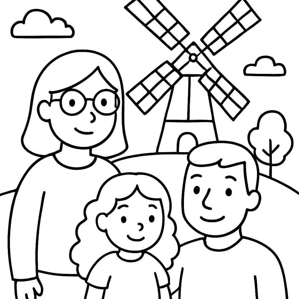 Uma família em pé diante de um moinho de vento holandês com uma mãe com óculos, um pai e uma menina pequena com cabelos cacheados longos.