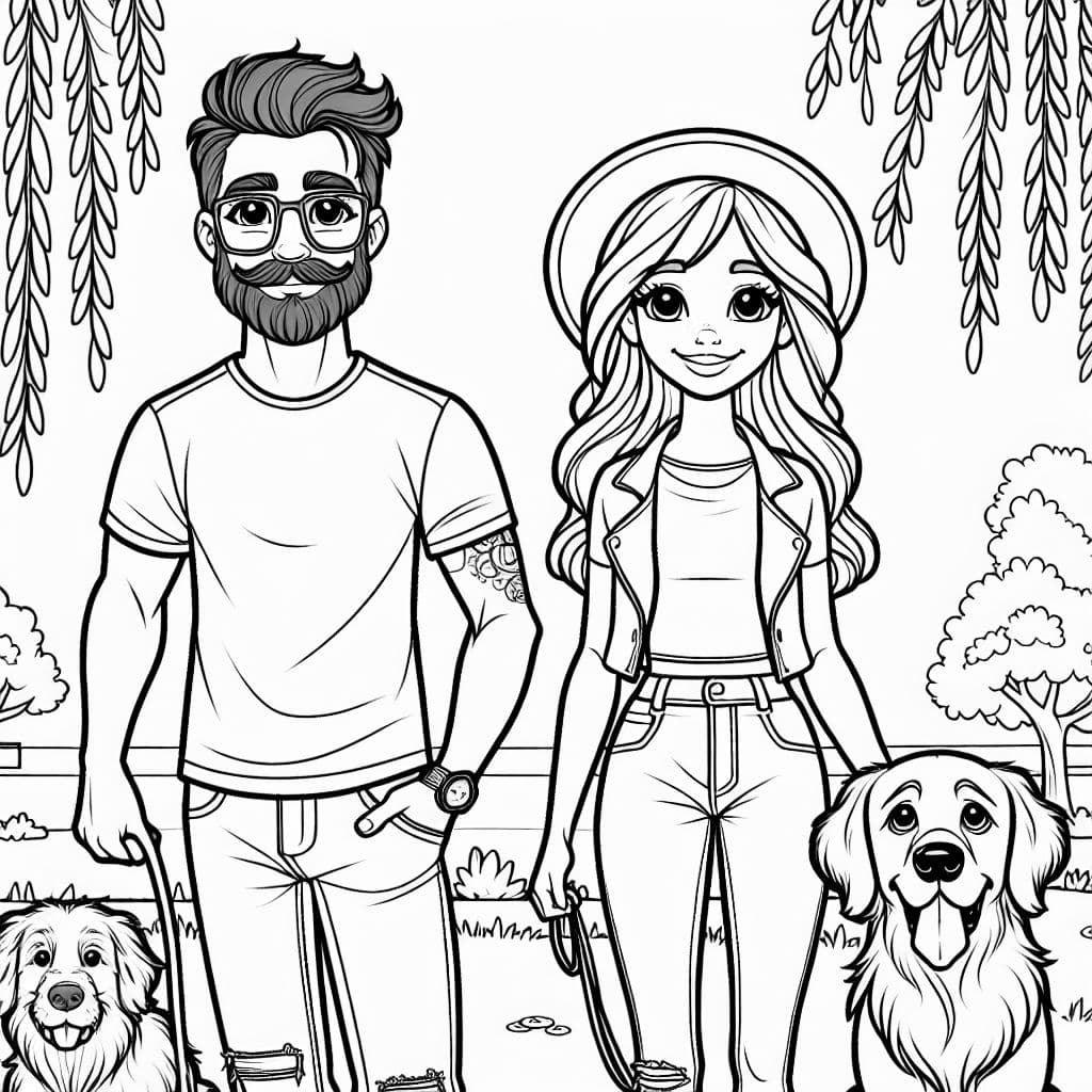 Un hombre sin barba, con gafas cuadradas y un sombrero, lleva una camiseta de camuflaje y jeans. Una mujer con cabello rojo-marrón largo, con un suéter rosa claro y jeans. Un golden retriever y un perro cane corso de pie afuera bajo un sauce llorón.