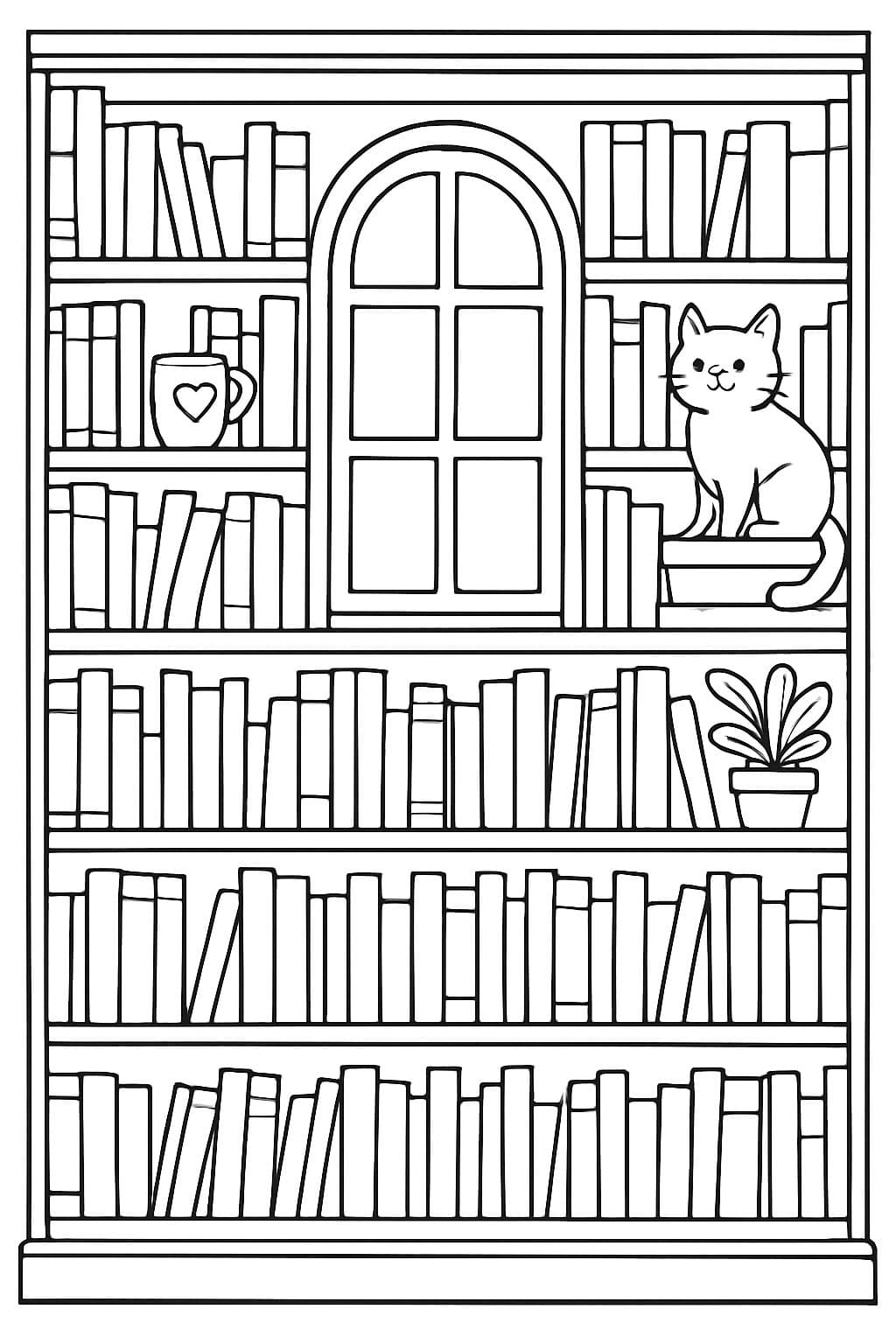 Je voudrais une bibliothèque vue de face, avec une fenêtre au milieu. Aucune personne ne devrait apparaître, seulement des étagères et des livres. Sur les étagères, une tasse avec un cœur, un chat, une plante.